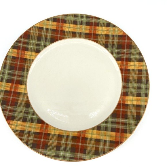 Pier 1 Harvest Plaid Dinner Plate Brown Orange Green Gold White Center 10.5" - Picture 2 of 5